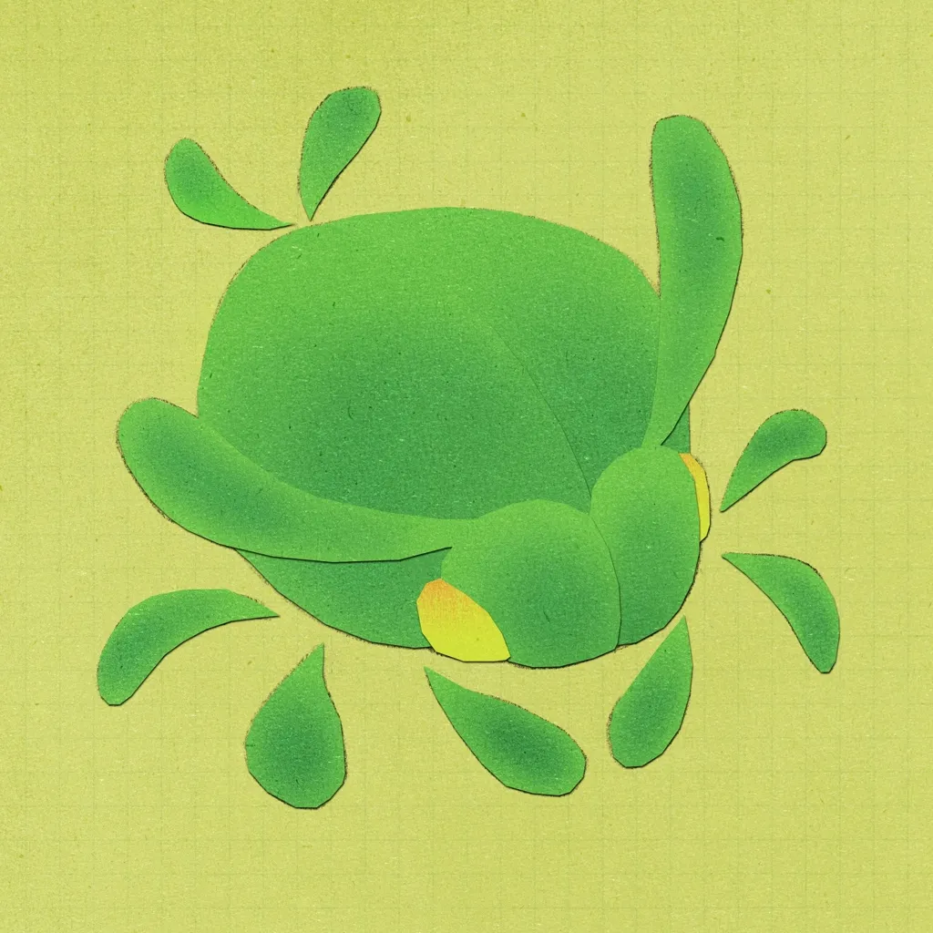 Green bug with yellow eyes.
