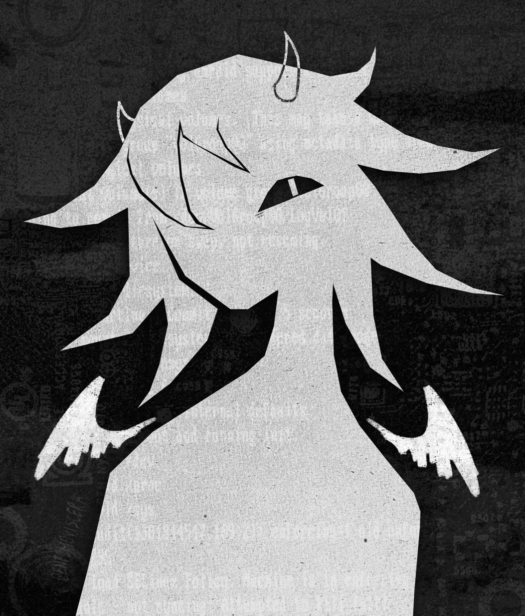 White humanoid figure with devil horns, small angel wings and only a right eye.